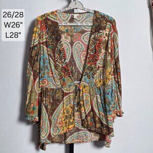 Cato Plus Size 26/28W Rayon Kimono Top Blouse Paisley Floral Embroidered Tie Boh